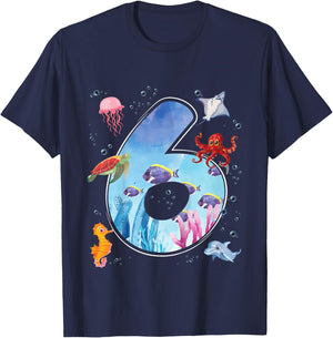 Kids 6th Birthday Party Ocean 6 Year Old Sea Fish Aquarium Boy T-Shirt - T-Shirt | Navy