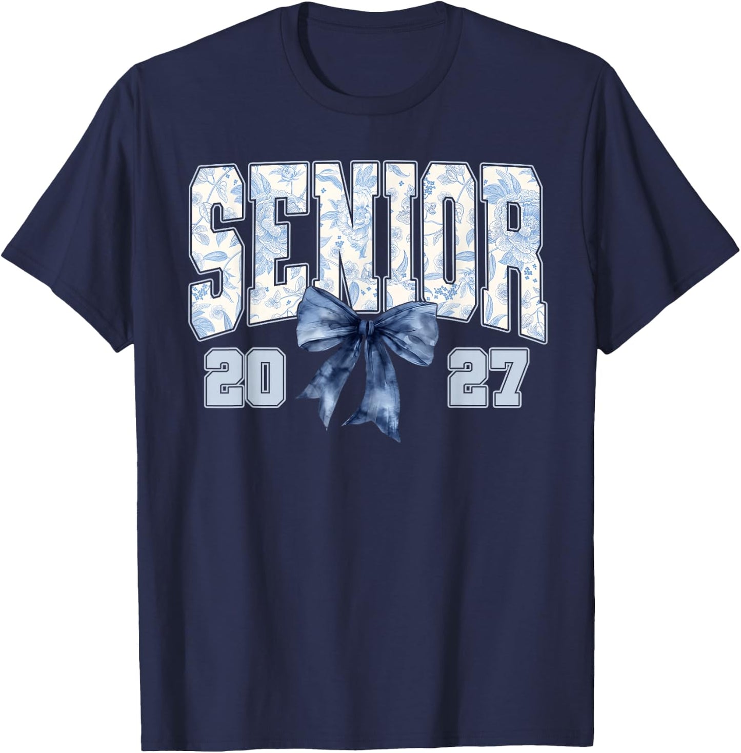 Senior 2027 Blue Floral Coquette Graduation Girl T-Shirt - T-Shirt | Navy