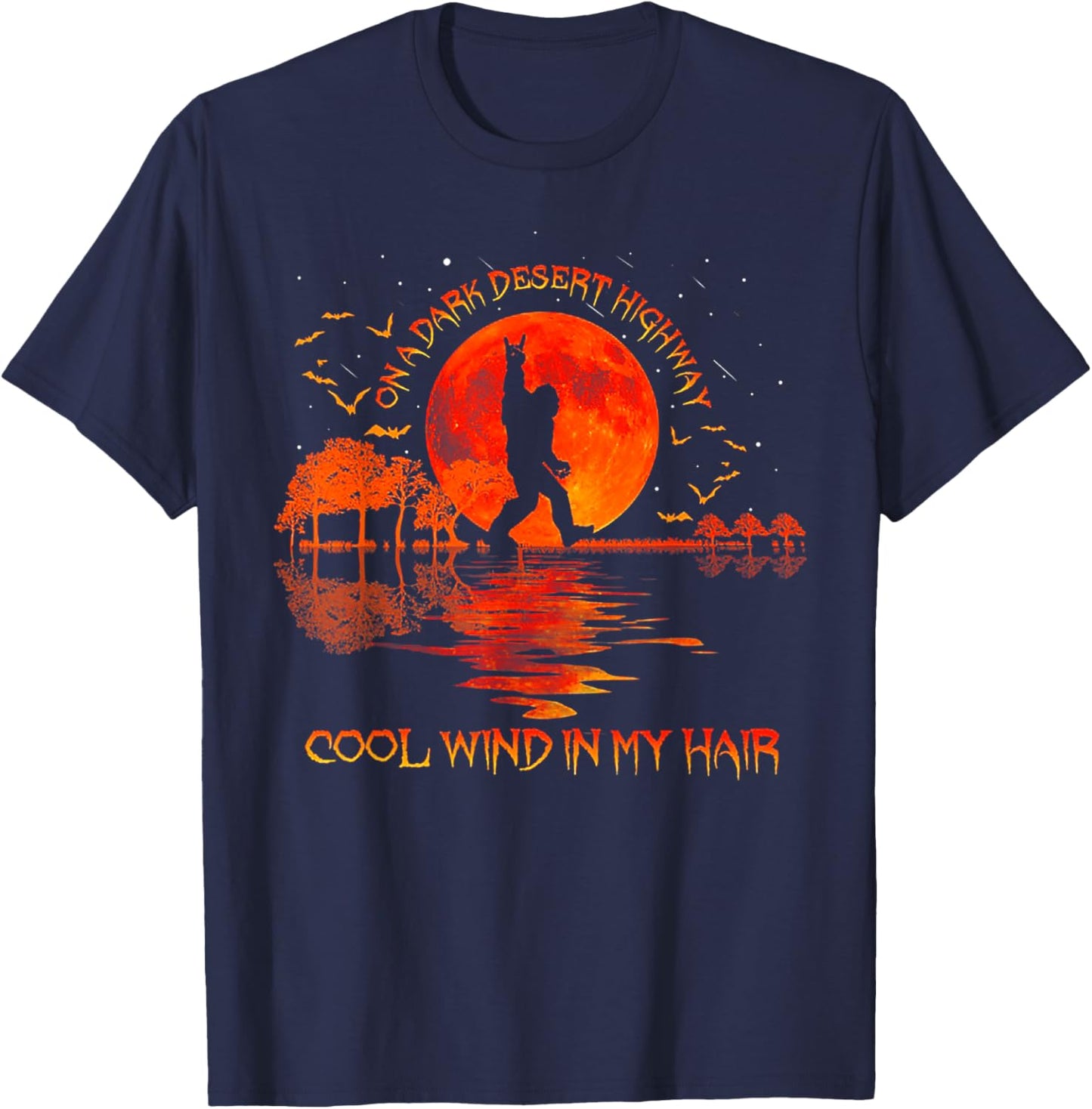Bigfoot On A Dark Desert Highway Hand Rock And Roll T-Shirt - T-Shirt | Navy