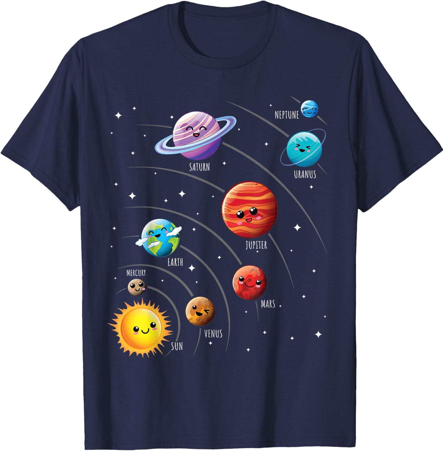 Kids Colorful Solar System Cute Anime Planets Space T-Shirt - T-Shirt | Navy