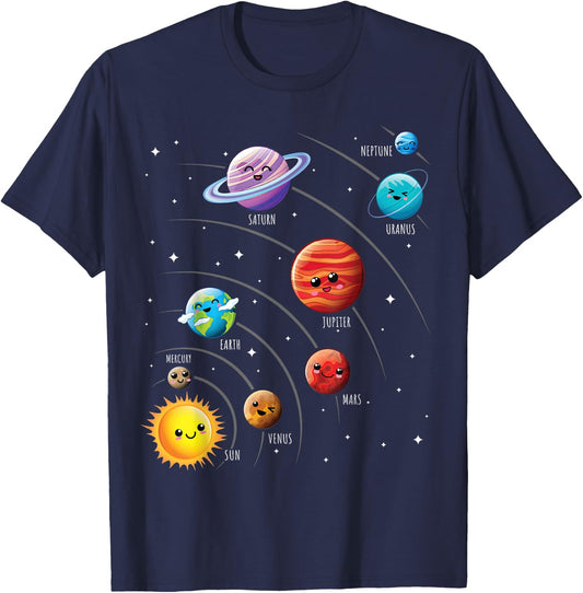 Kids Colorful Solar System Cute Anime Planets Space T-Shirt - T-Shirt | Navy
