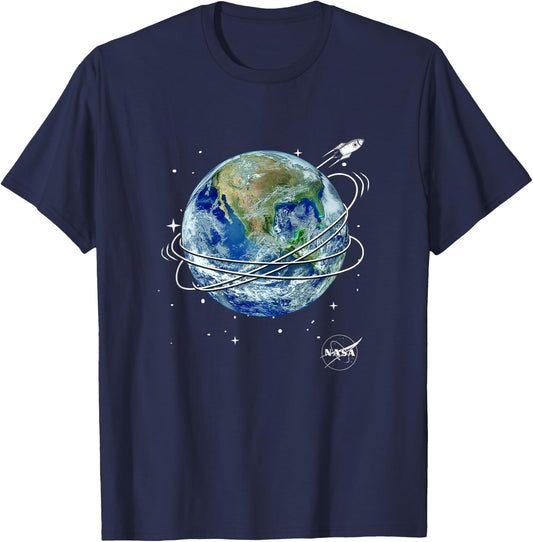 NASA Vintage Classic Rocket Ship Earth Orbit Poster T-Shirt - T-Shirt | Navy
