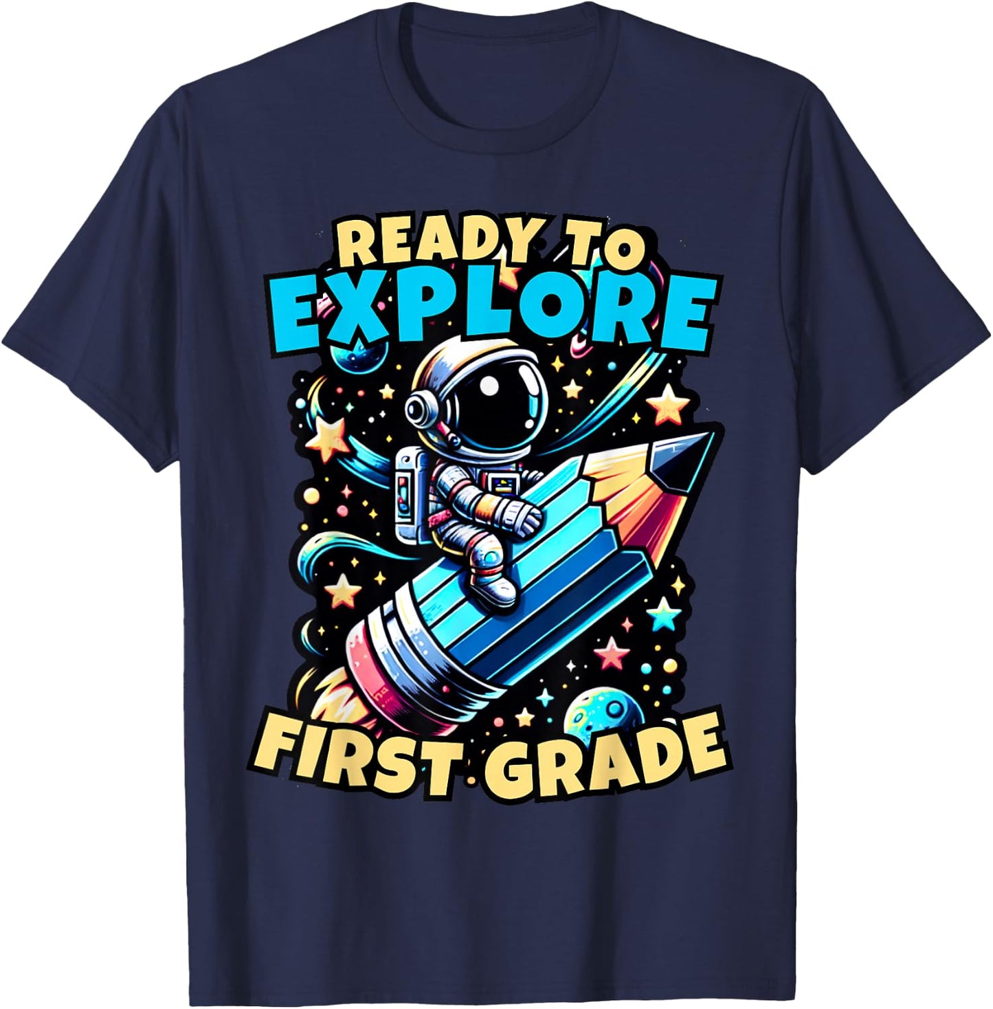Ready to Explore 1st Grade Kids Astronaut Back to School T-Shirt - T-Shirt | Navy