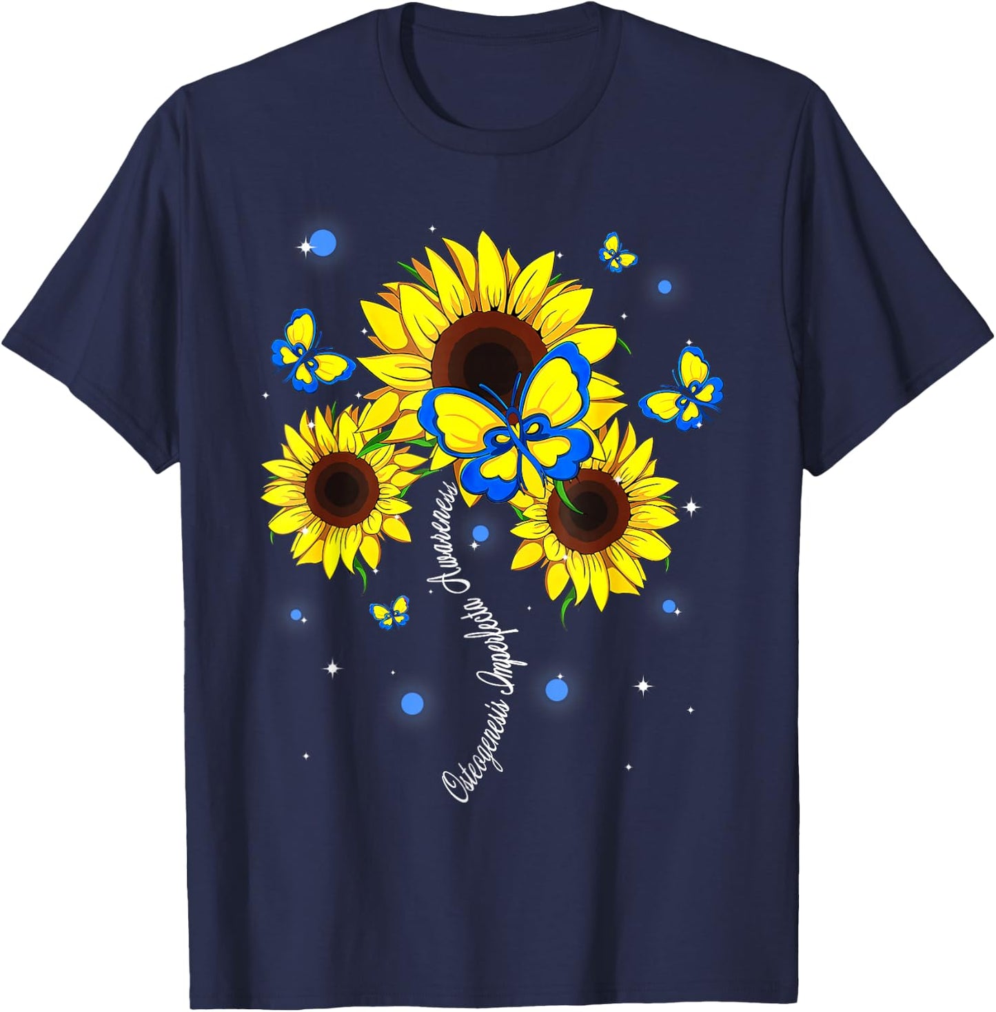Osteogenesis Imperfecta Awareness Sunflower Butterfly Ribbon T-Shirt - T-Shirt | Navy