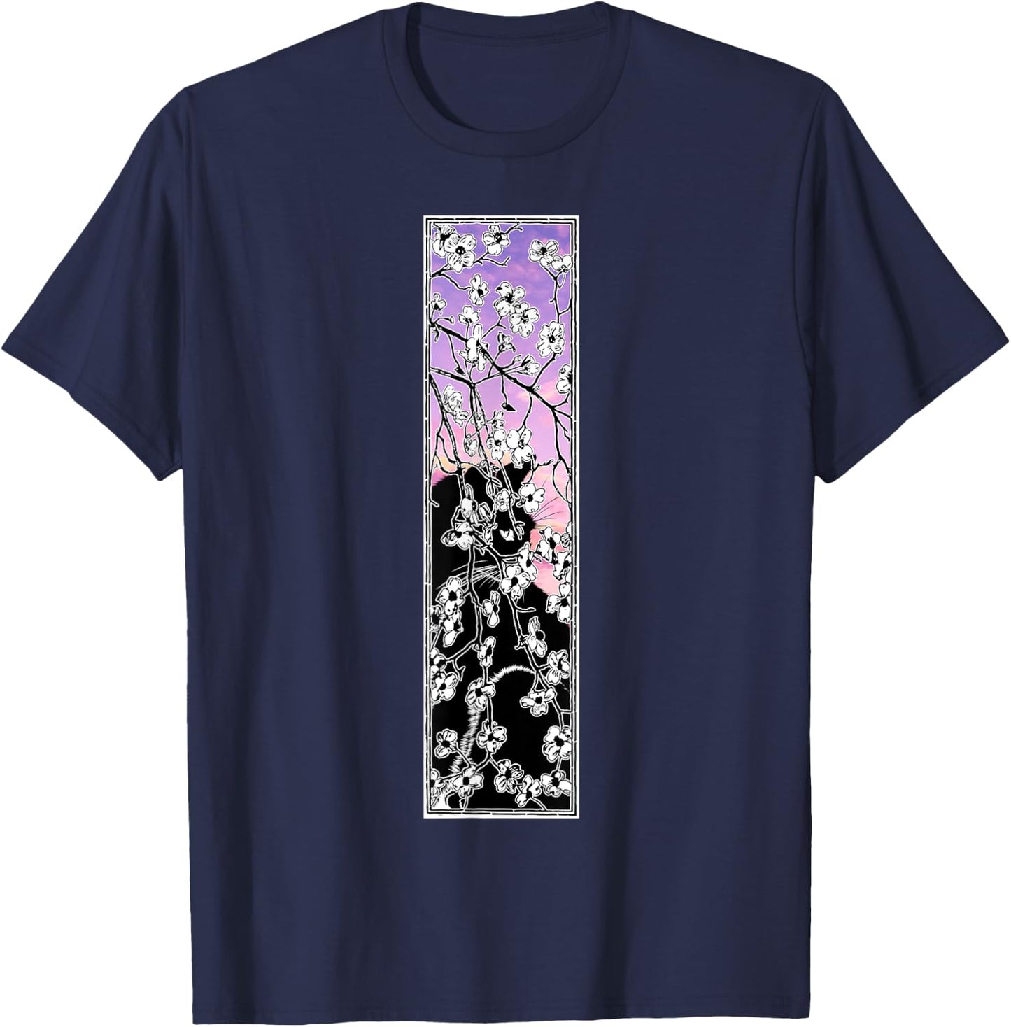 Cherry Blossom flowers pattern Cat Black Pink Sky Sunset T-Shirt - T-Shirt | Navy