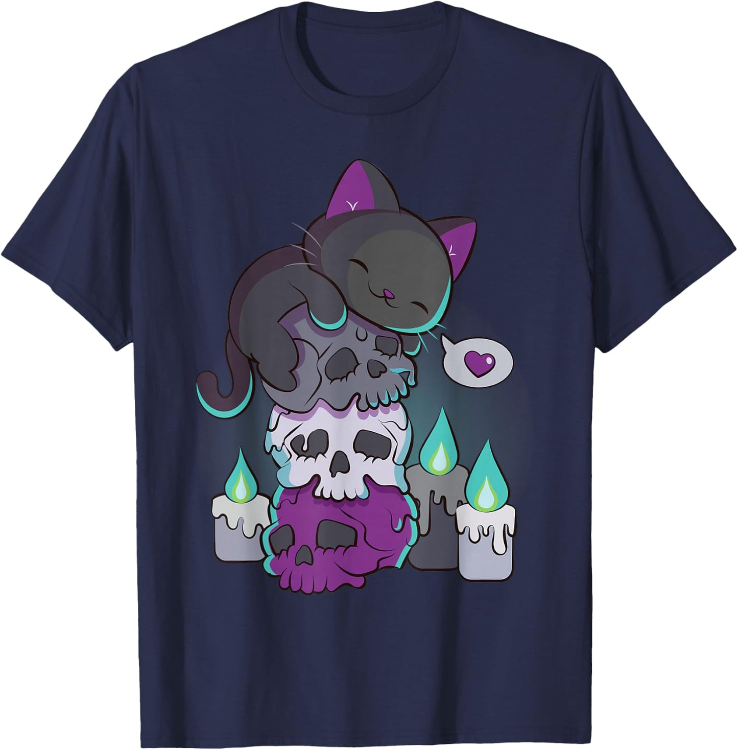 Asexual Pride Cute Black Cat on Skulls Kawaii Goth Aesthetic T-Shirt - T-Shirt | Navy