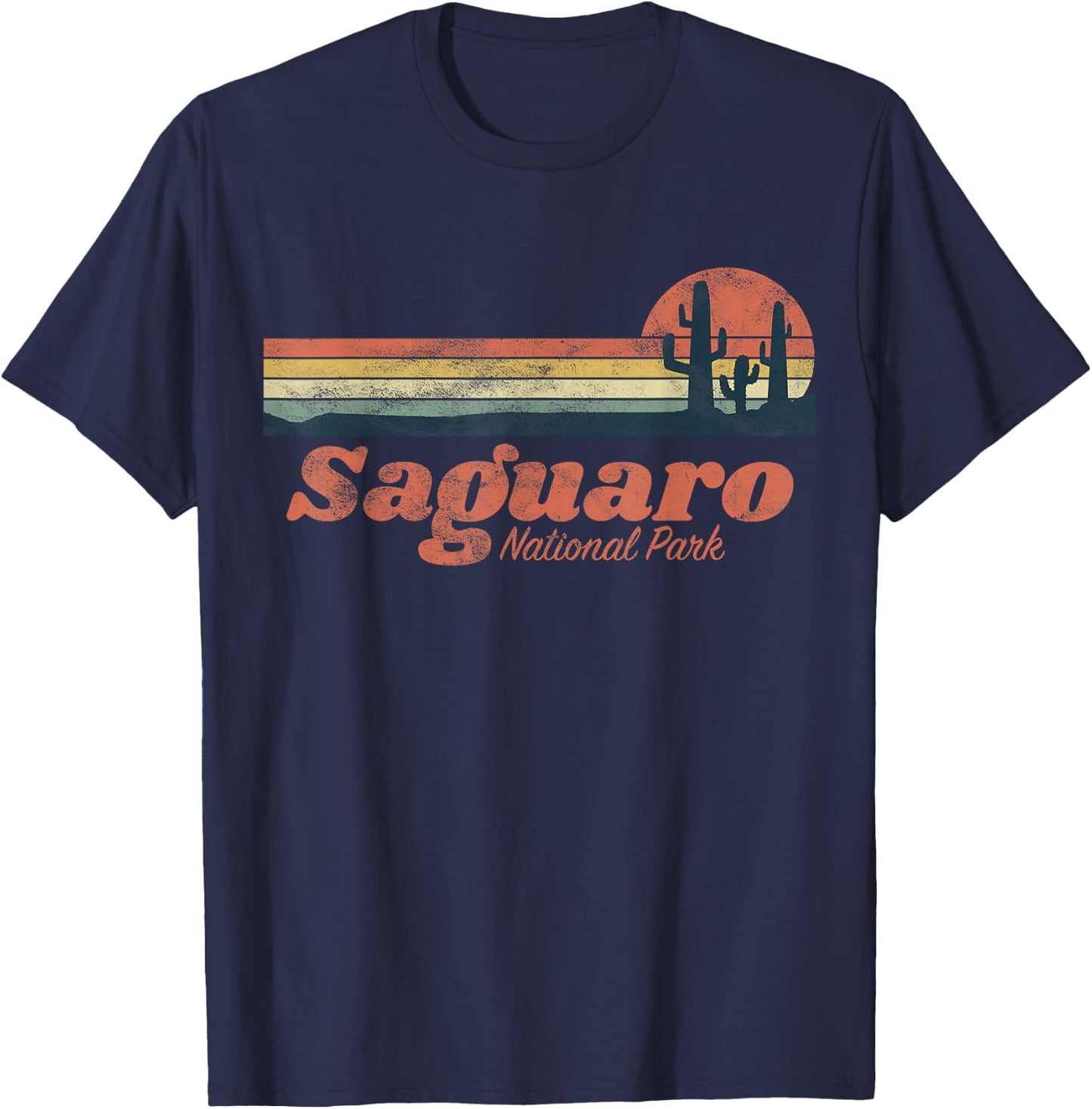 Retro Saguaro National Park Vintage Vibe Chest Stripe Cactus T-Shirt - T-Shirt | Navy