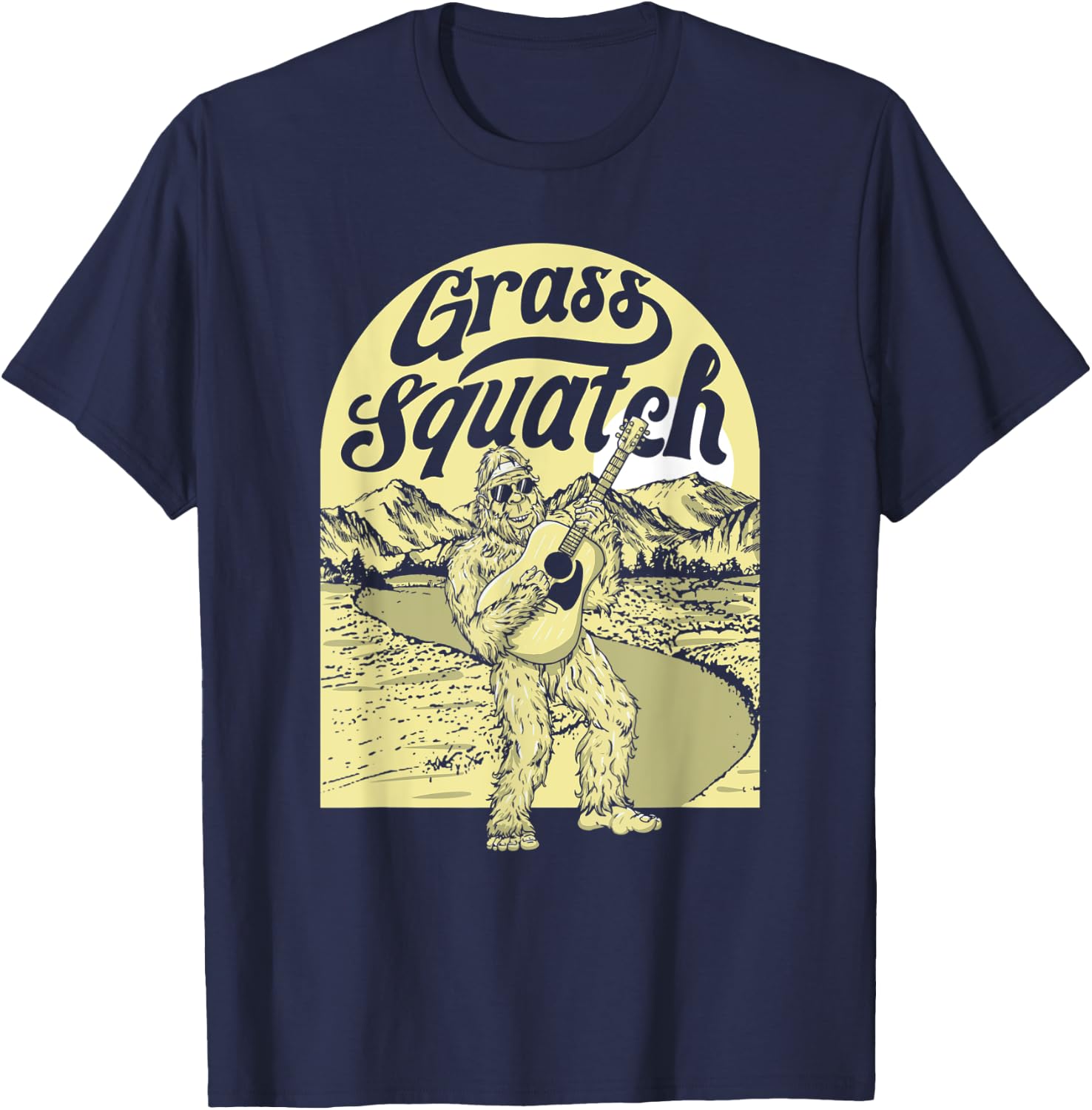 Grass Squatch Funny Acoustic Guitar Bigfoot Bluegrass T-Shirt - T-Shirt | Navy