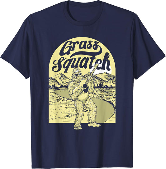 Grass Squatch Funny Acoustic Guitar Bigfoot Bluegrass T-Shirt - T-Shirt | Navy