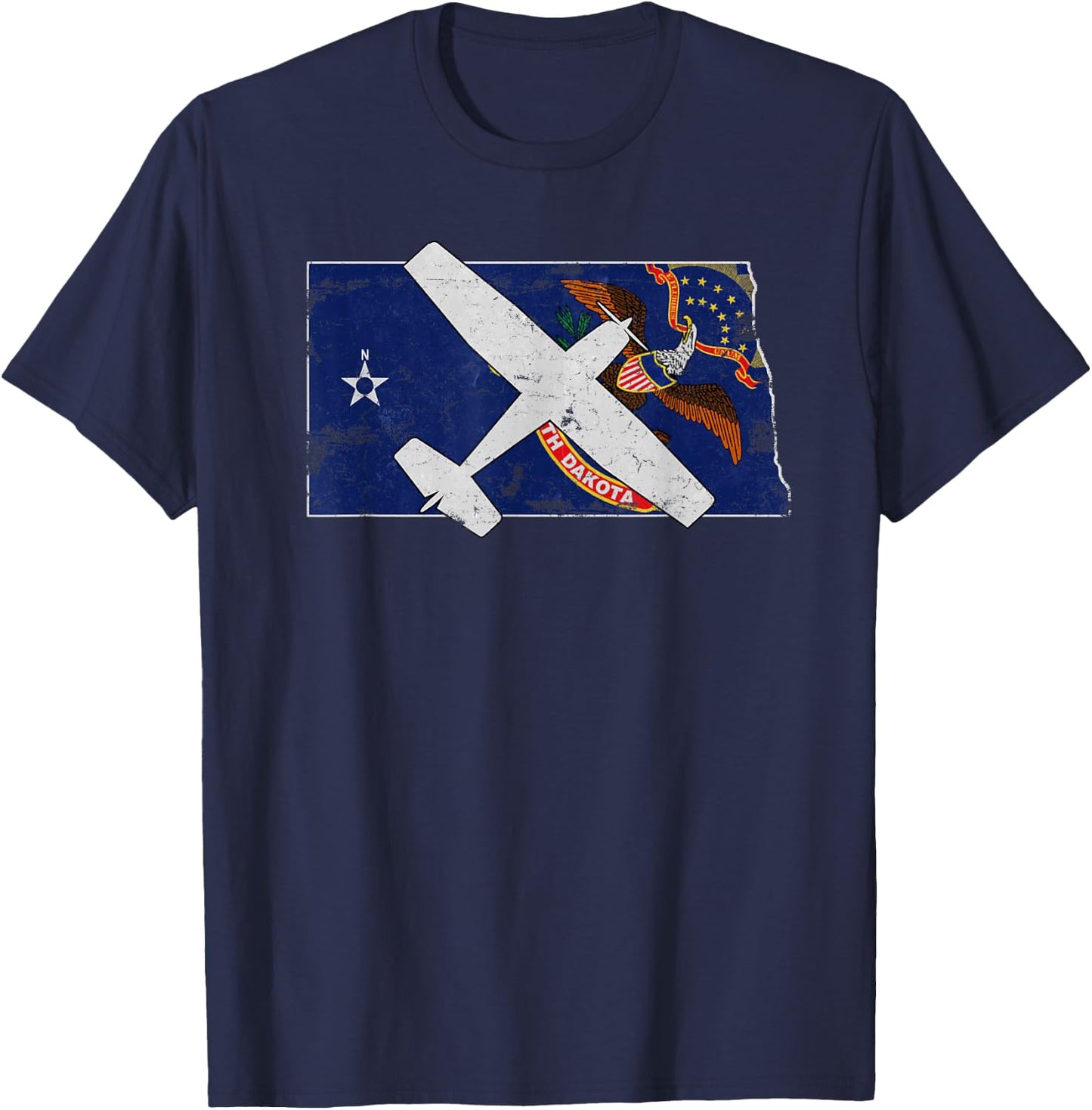 North Dakota Pilot State Flag C172 Skyhawk Airplane Vintage T-Shirt - T-Shirt | Navy