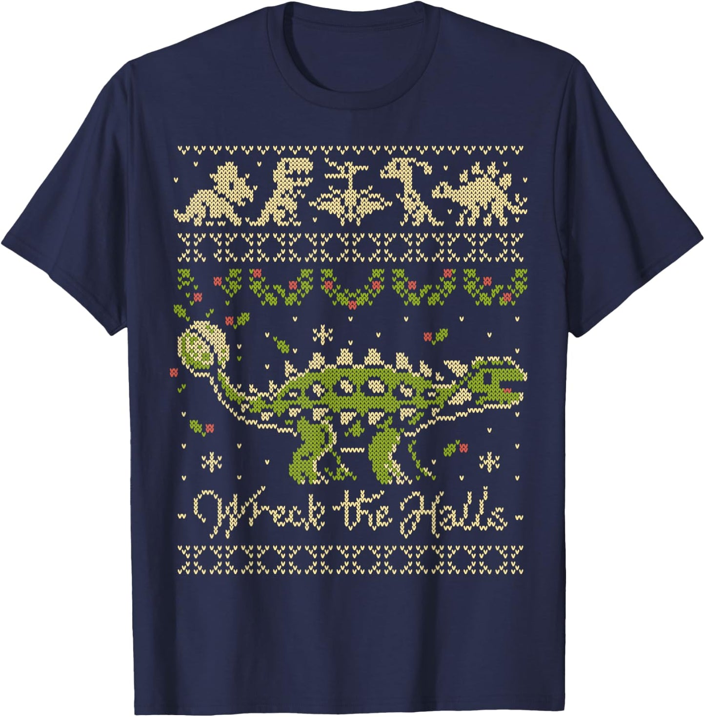 Ankylosaurus Dinosaur Christmas Sweater T-Shirt - T-Shirt | Navy