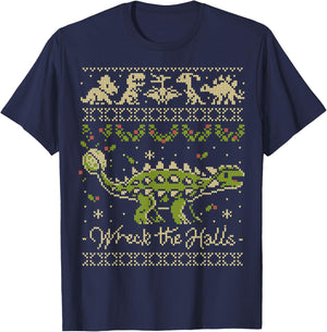 Ankylosaurus Dinosaur Christmas Sweater T-Shirt - T-Shirt | Navy