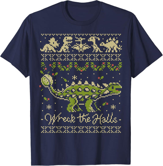 Ankylosaurus Dinosaur Christmas Sweater T-Shirt - T-Shirt | Navy
