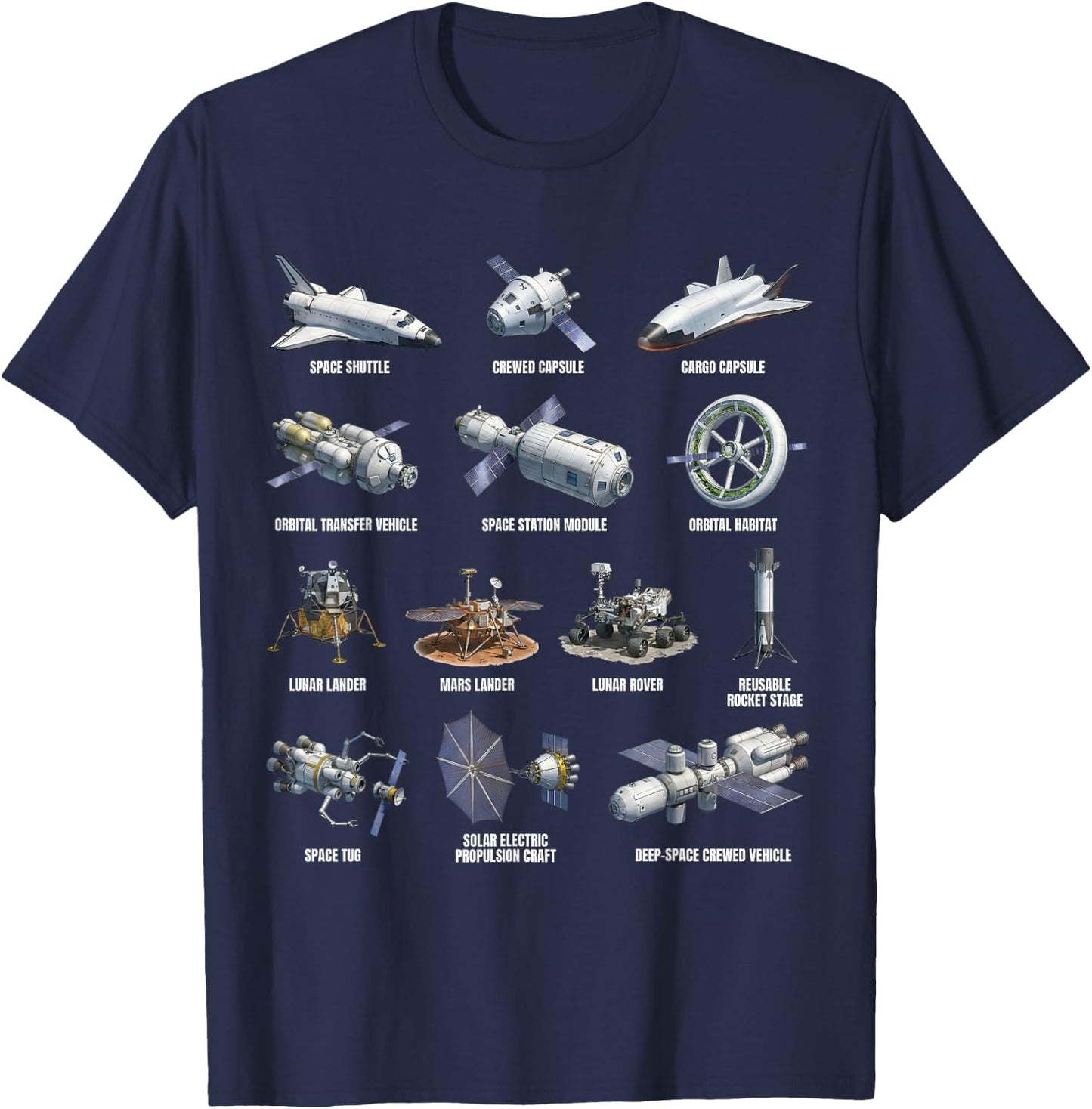 Types of Spacecraft Space Exploration Astronomy Science T-Shirt - T-Shirt | Navy