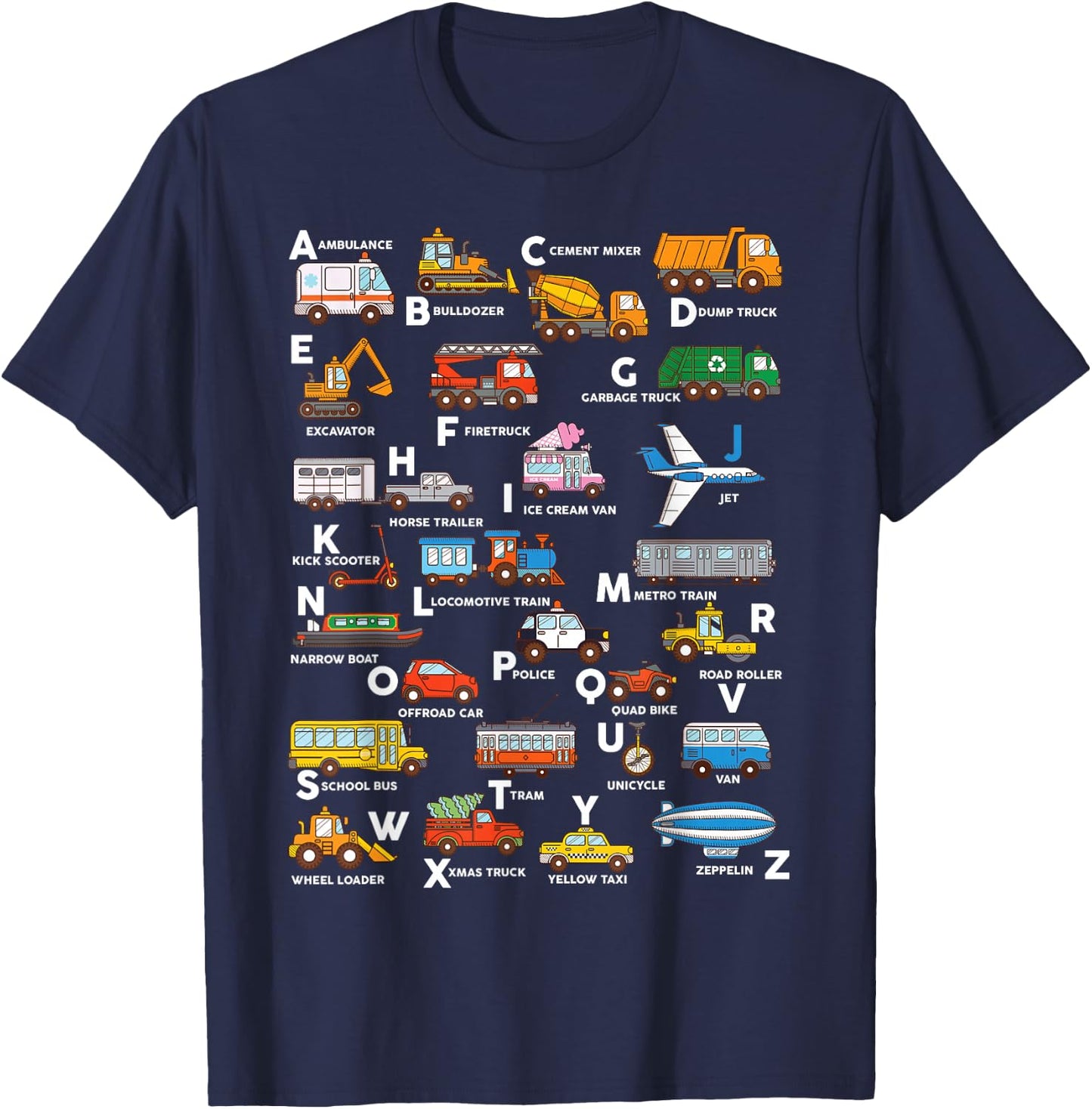 Alphabet Vehicles ABCs Learning Teachers Kids Boys Girls T-Shirt - T-Shirt | Navy