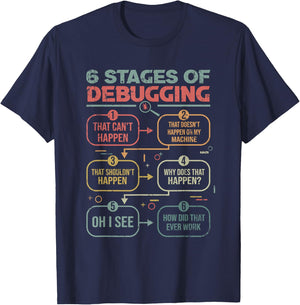 6 Stages of debugging for a Software Developer Programmer T-Shirt - T-Shirt | Navy