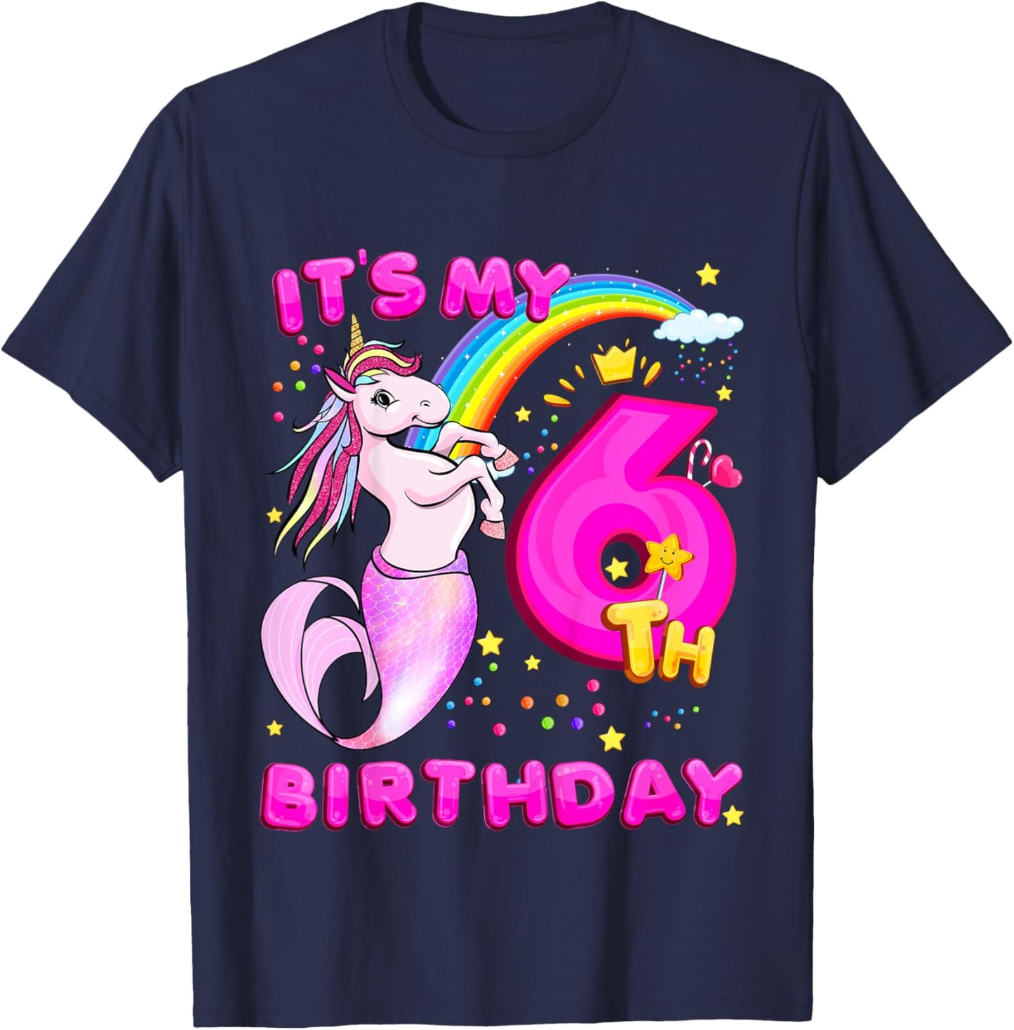 6th Birthday Unicorn Mermicorn Mermaid Gifts For Girls T-Shirt - T-Shirt | Navy