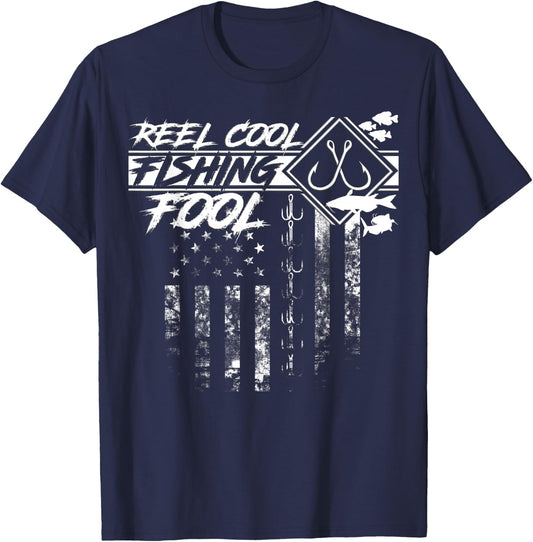 Reel Cool Fishing Fool American Flag Shirt Men T-Shirt - T-Shirt | Navy
