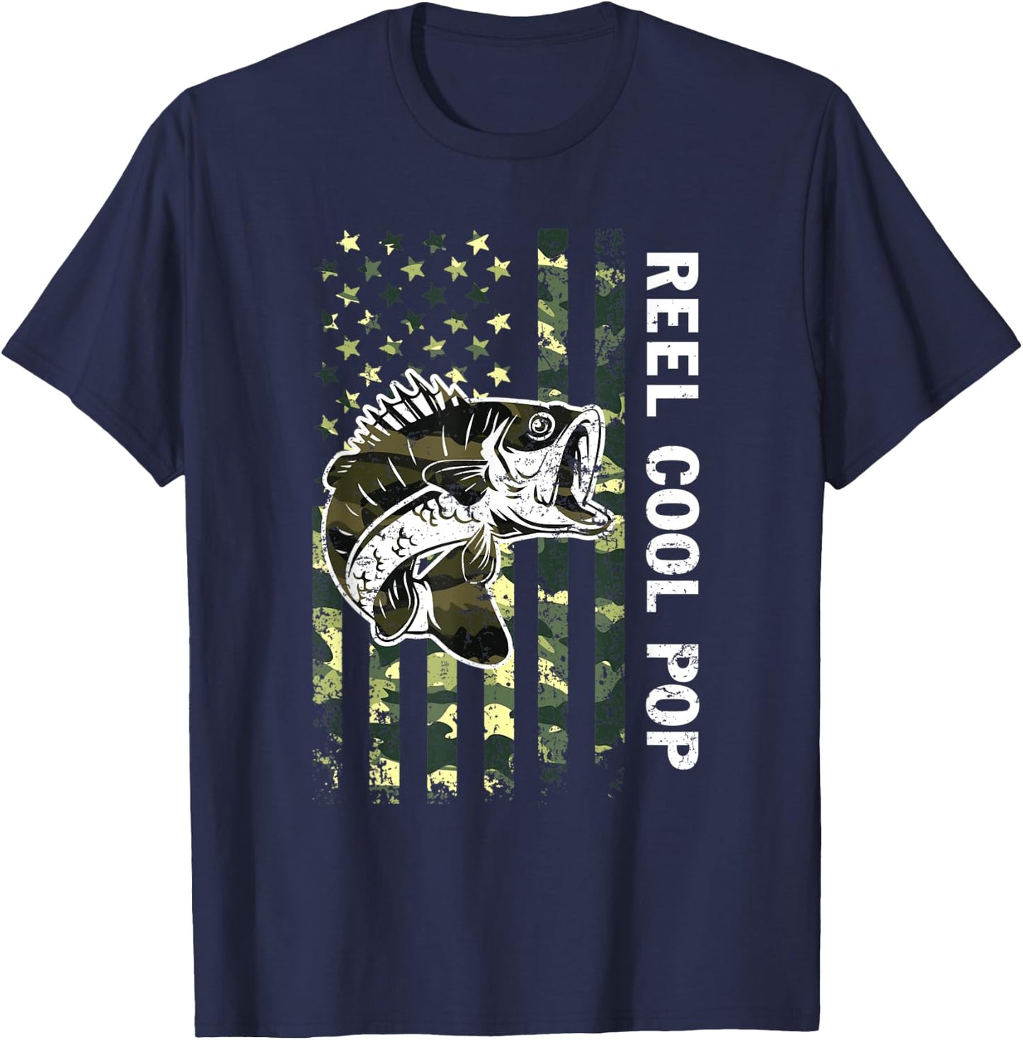 Father's Day Reel Cool Pop Fish Camouflage American Flag T-Shirt - T-Shirt | Navy