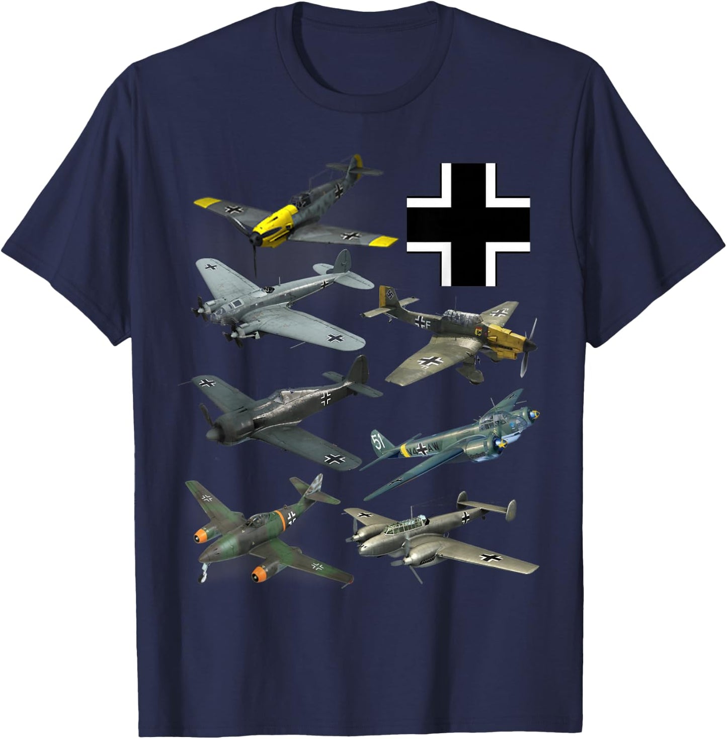 WW2 German Fighter Planes JU-87 Stuka Bf 109 ME 262 Fw190 T-Shirt - T-Shirt | Navy