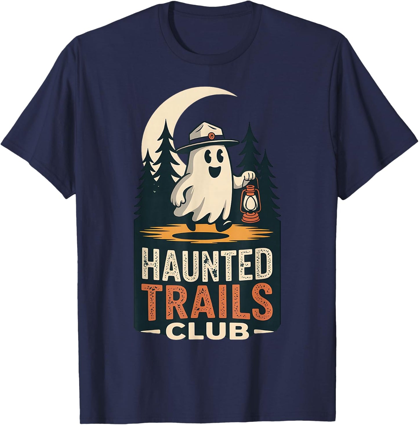 Haunted Trails Club Ghost Cool Hiking Funny Spooky Camping T-Shirt - T-Shirt | Navy