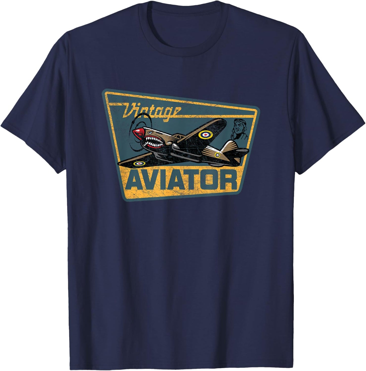WW2 Vintage Aviator Airplane Aircraft Pilot P40 Warhawk Gift T-Shirt - T-Shirt | Navy