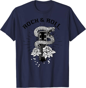 Rock And Roll Snake Roses Hard Rock & Roll Rocker Concert T-Shirt - T-Shirt | Navy