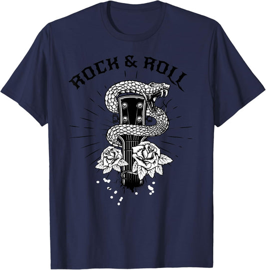 Rock And Roll Snake Roses Hard Rock & Roll Rocker Concert T-Shirt - T-Shirt | Navy