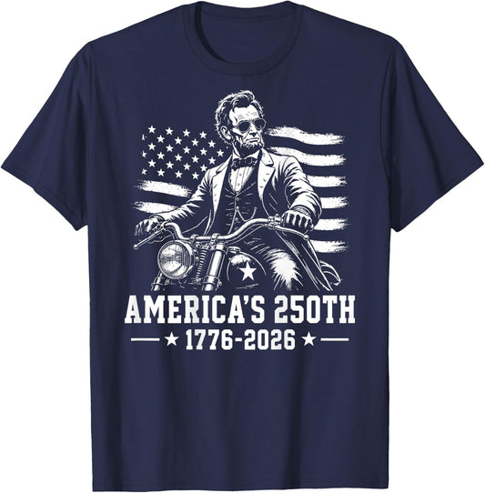 (On Back) Abraham Lincoln Biker 250th Anniversary 250 Years T-Shirt - T-Shirt | Navy