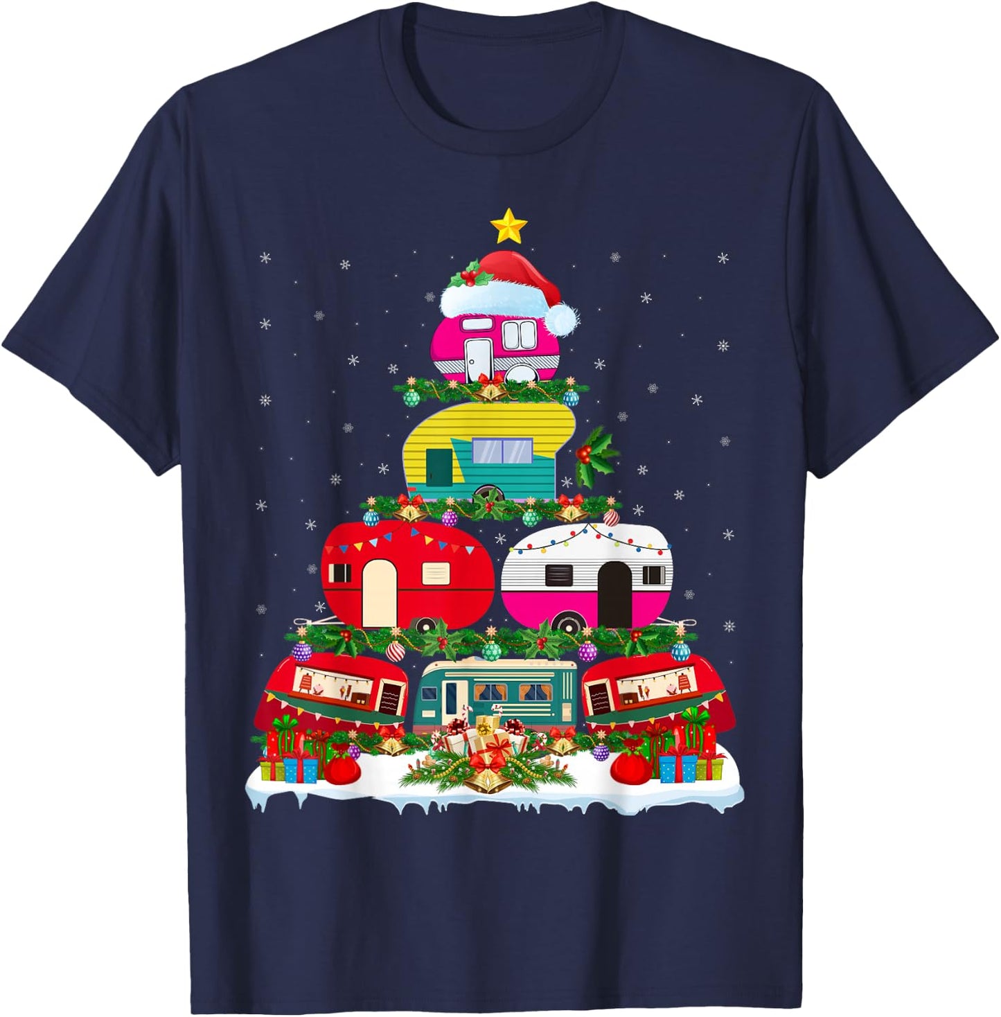 Funny Xmas Lighting Santa Camping RV Christmas Tree T-Shirt - T-Shirt | Navy