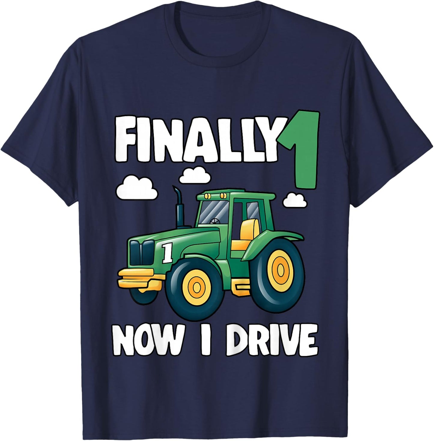 Kids Finally 1 Now I Drive 1st Birthday Party Boy Tractor Kids T-Shirt - T-Shirt | Navy