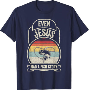 Retro Vintage Even Jesus Had A Fish Story Fishing T-Shirt - T-Shirt | Navy