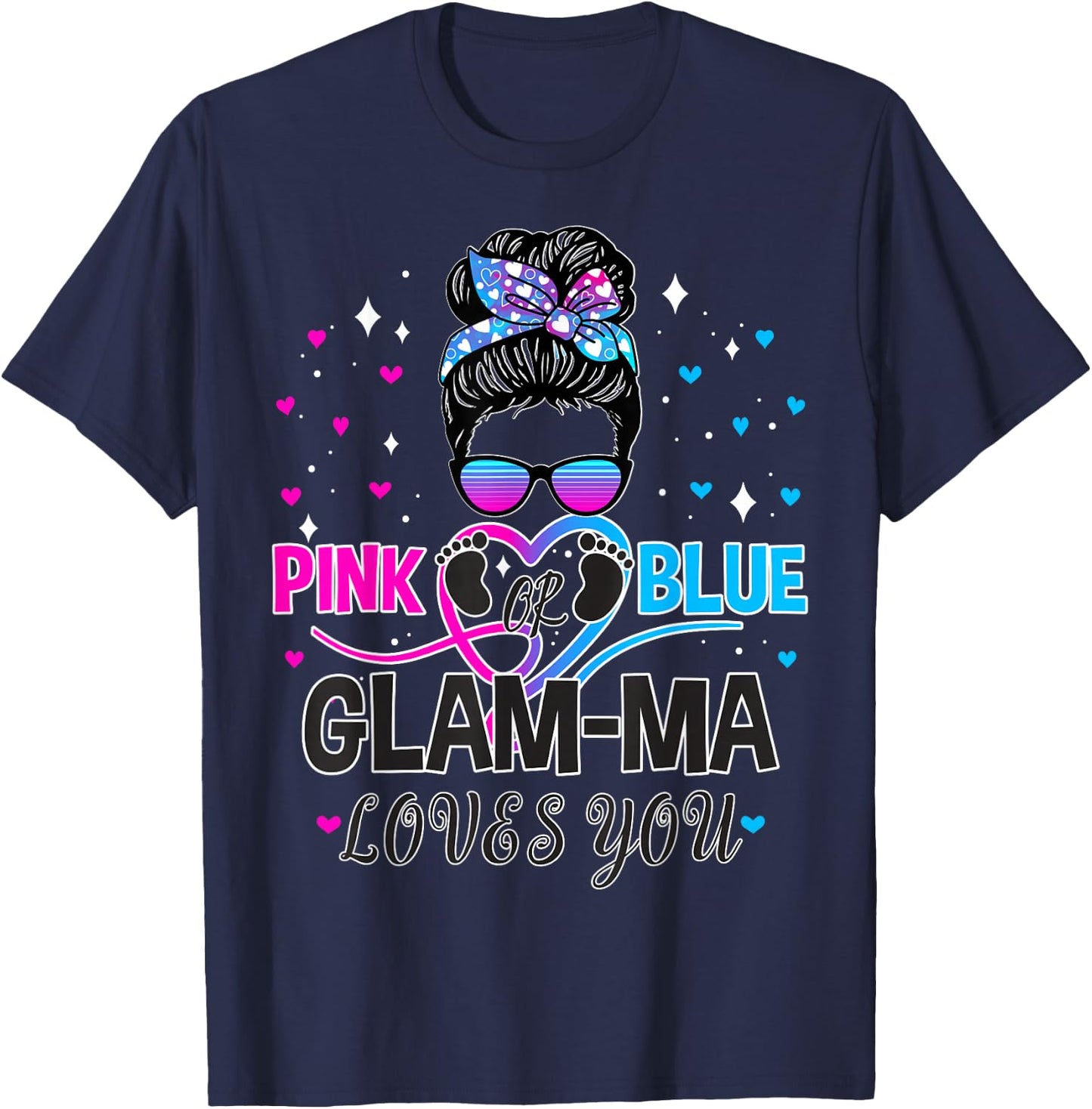 Messy Bun Pink Or Blue Glam-ma Loves You Gender Reveal Baby T-Shirt - T-Shirt | Navy