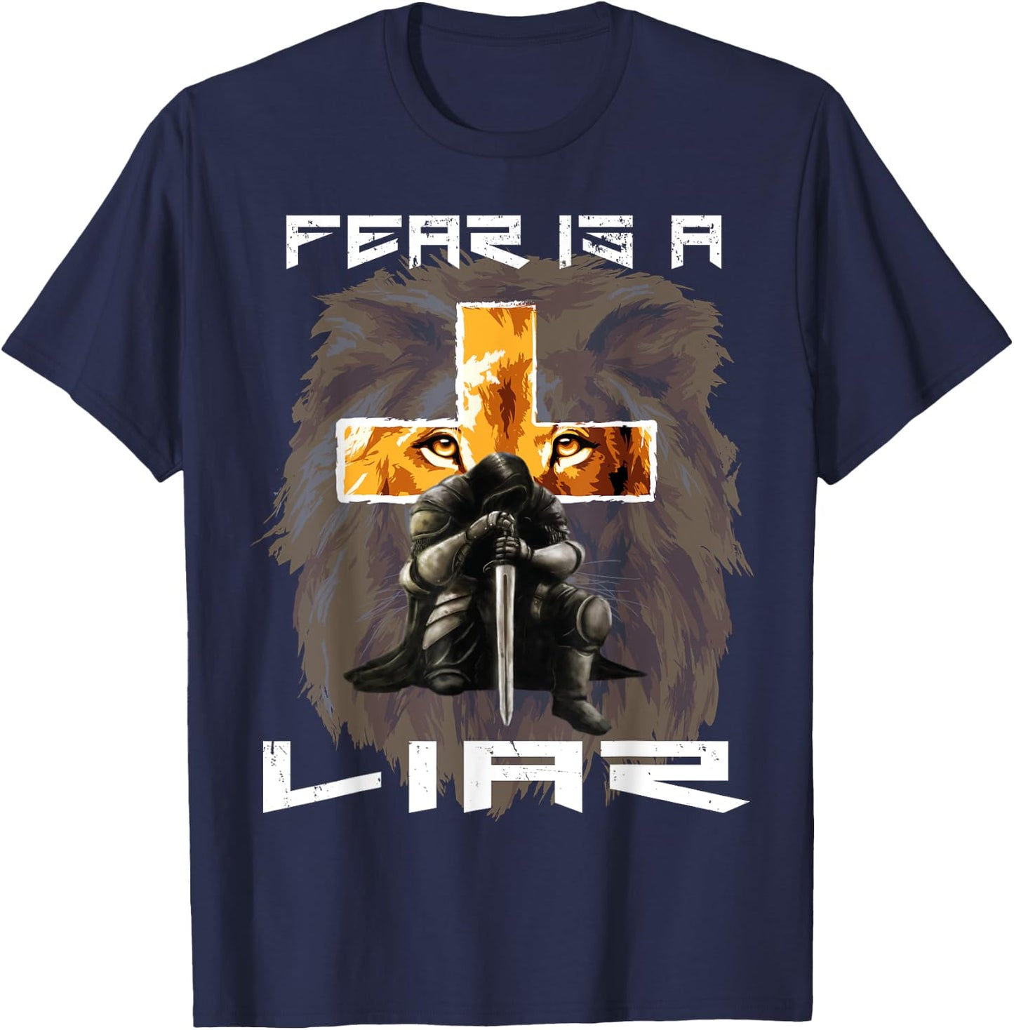 Fear Is a Liar Lion Judah Christian Religious Cross Graphic T-Shirt - T-Shirt | Navy