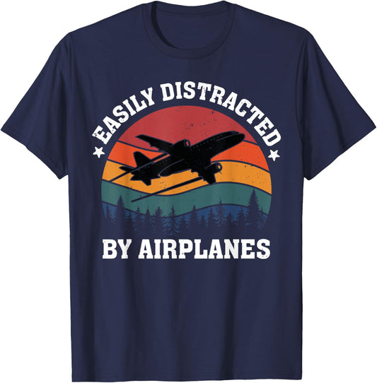 Easily Distracted by Airplanes, Aviation Pilots, Aircraft Lovers T-Shirt - T-Shirt | Navy