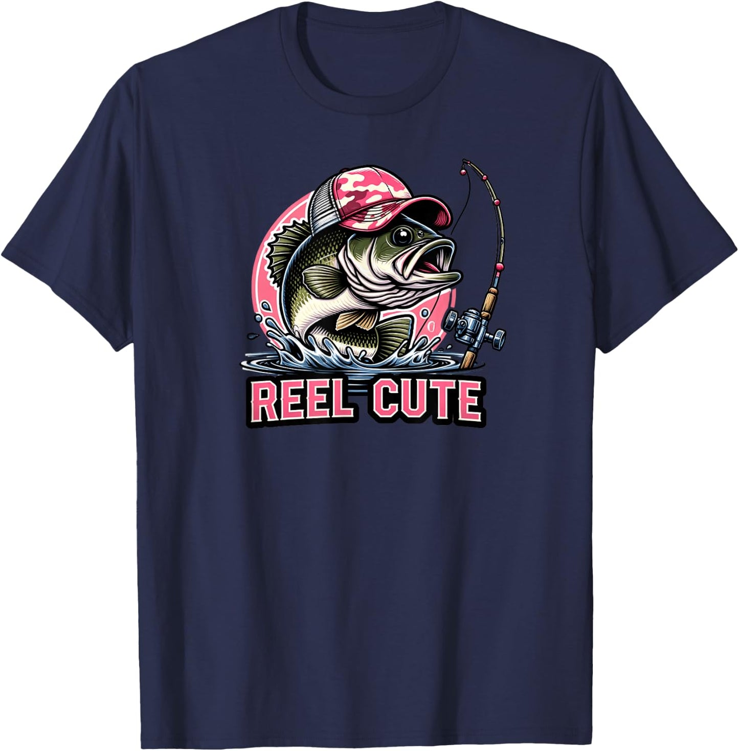 Reel Cute Pink Camouflage Bass Fisherman Hat T-Shirt - T-Shirt | Navy