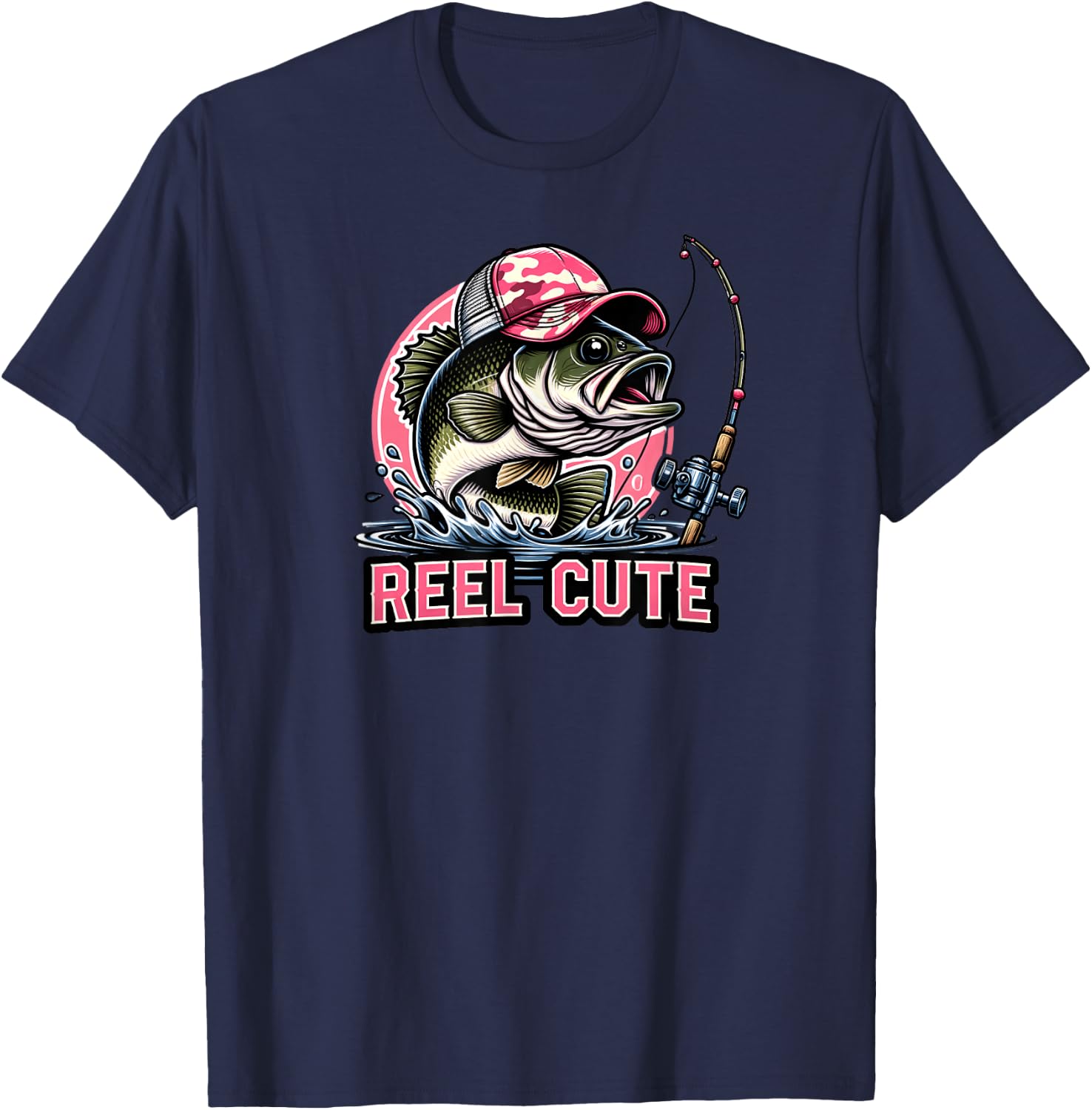Reel Cute Pink Camouflage Bass Fisherman Hat T-Shirt - T-Shirt | Navy