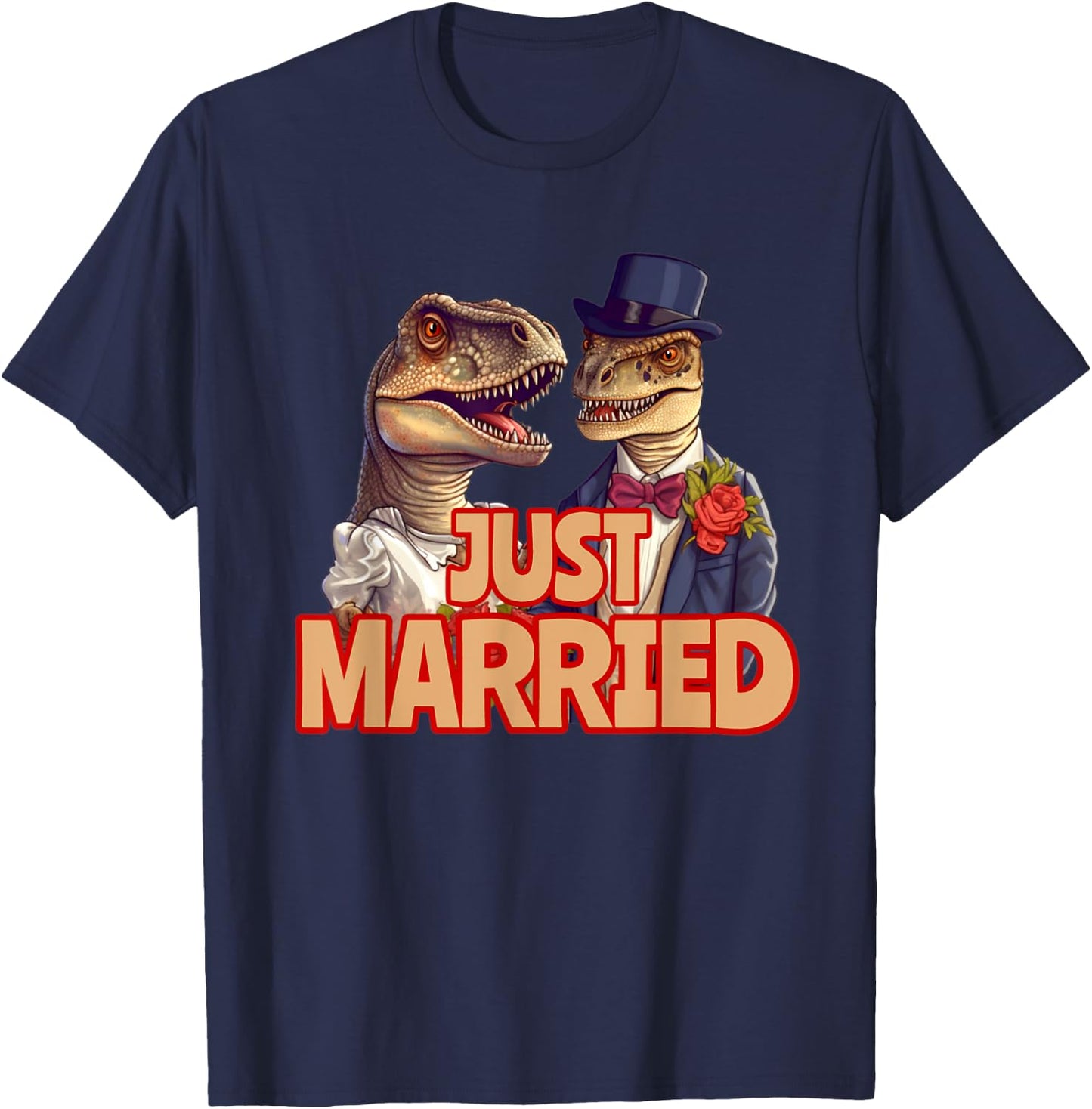 Funny Just Married Tyrannosaurus Rex T-Rex Wedding Dinosaurs T-Shirt - T-Shirt | Navy
