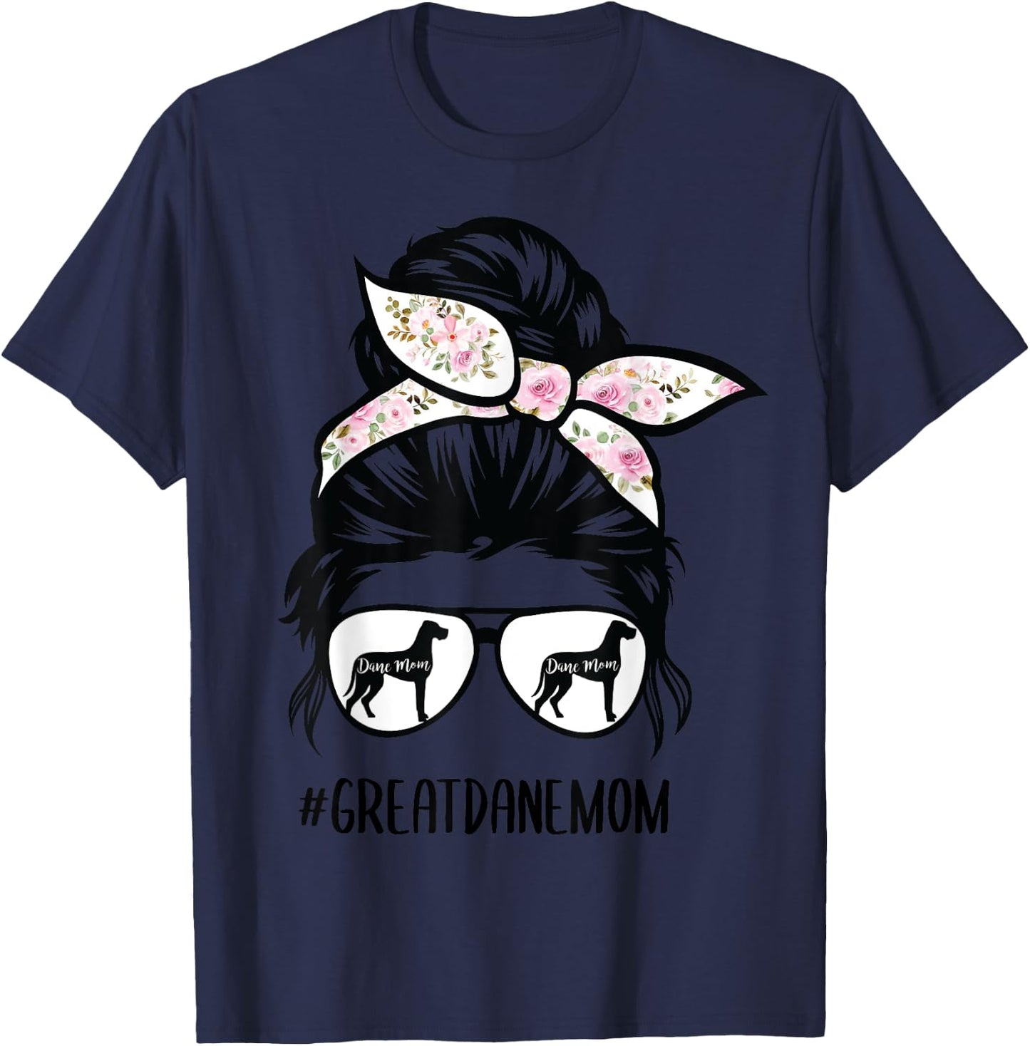 Great Dane Mom messy bun hair glasses T-Shirt - T-Shirt | Navy