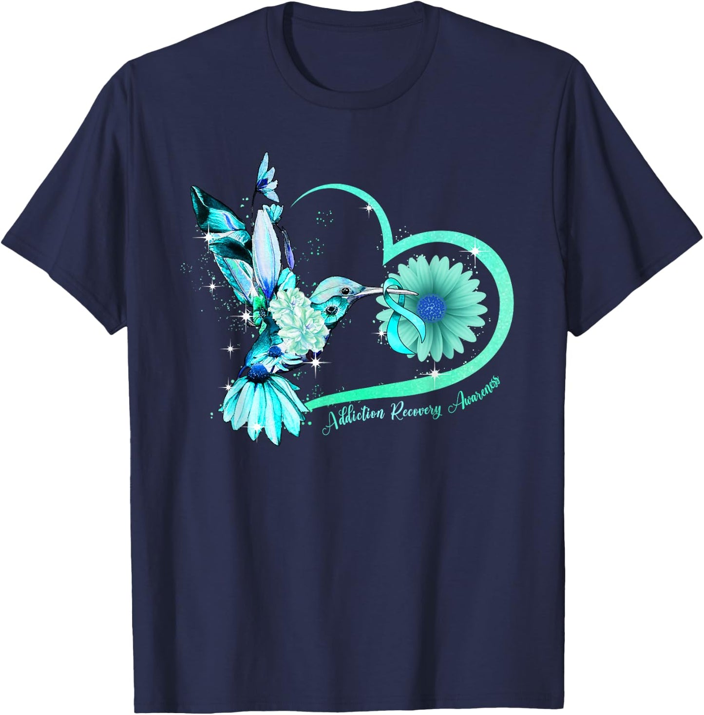Hummingbird Sunflower Heart Teal Ribbon Addiction Recovery T-Shirt - T-Shirt | Navy