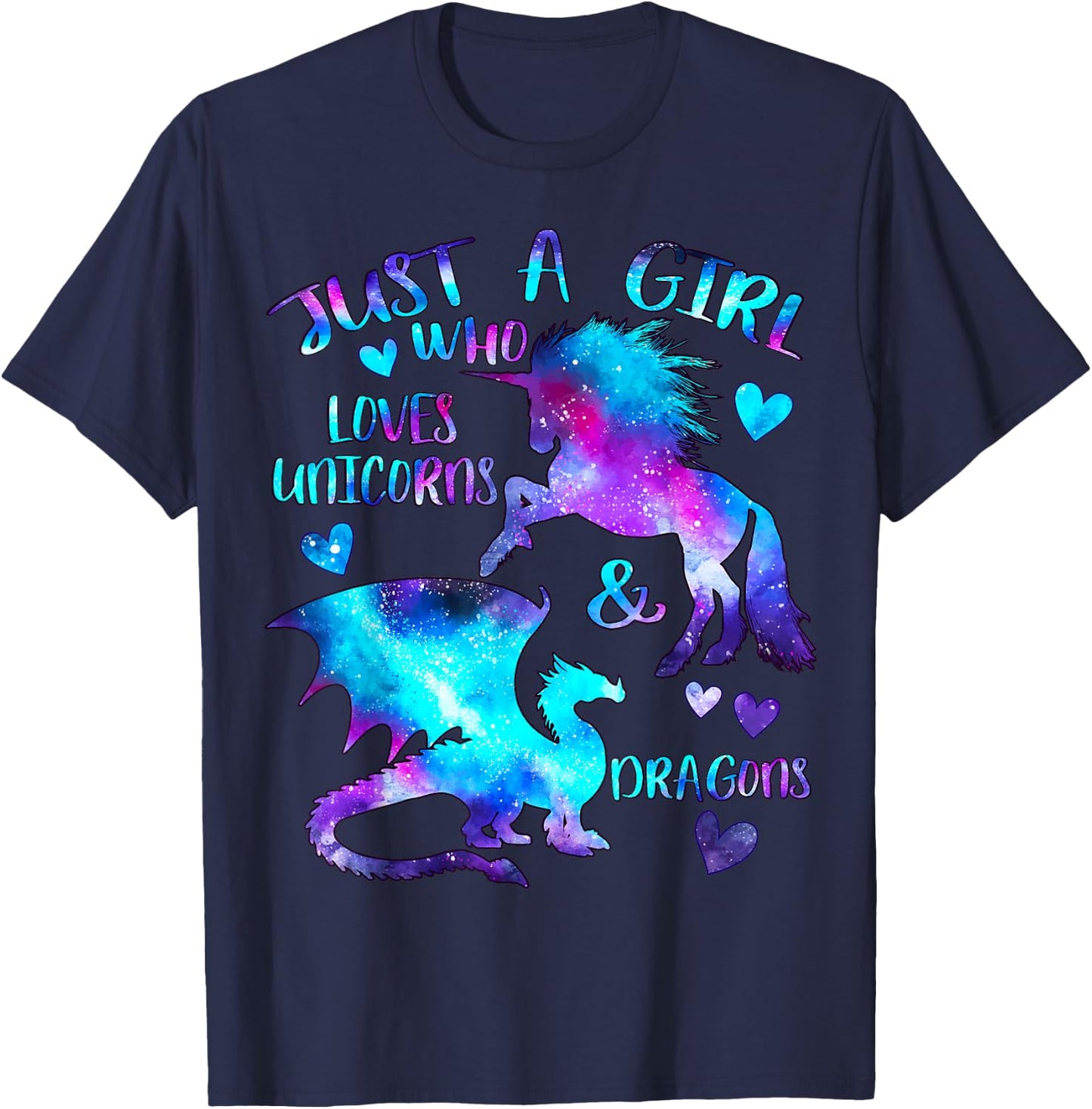 Just a Girl Who Loves Dragons and Unicorns Fantasy Themed T-Shirt - T-Shirt | Navy