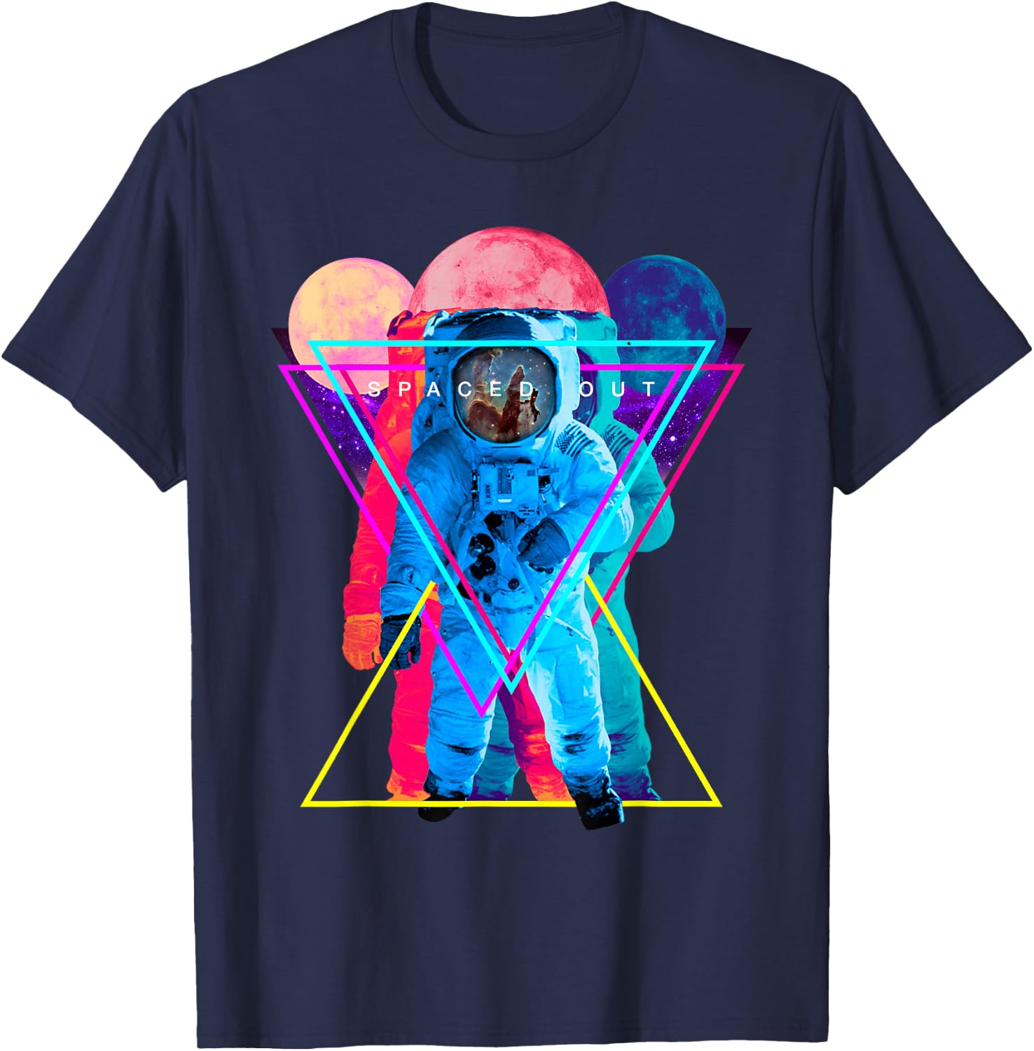 Spaced Out Triple Astronaut & Outer Space Art T-Shirt - T-Shirt | Navy