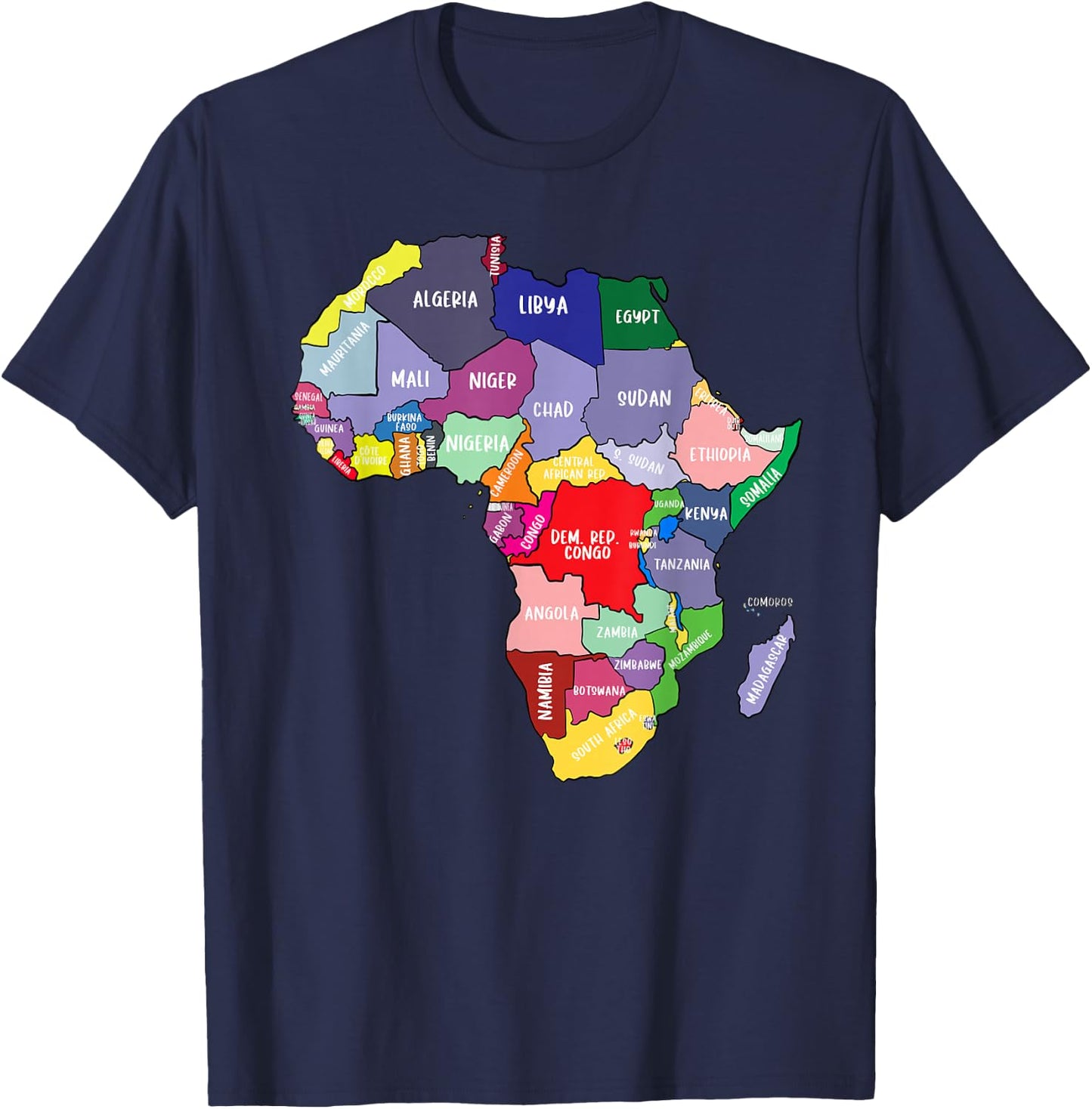 Colourful Africa Map with Country Names, African Continent T-Shirt - T-Shirt | Navy