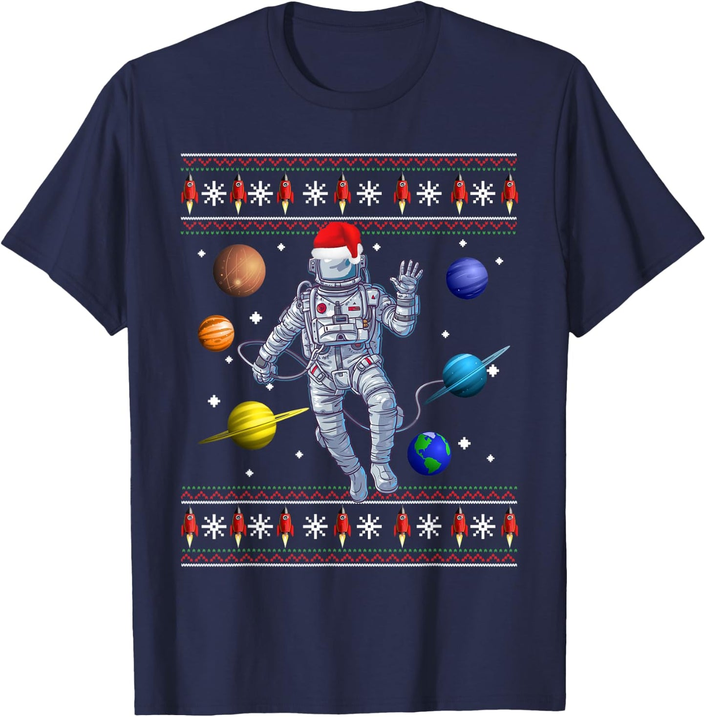Astronaut Space Planets Lover Ugly Christmas Sweater Style T-Shirt - T-Shirt | Navy