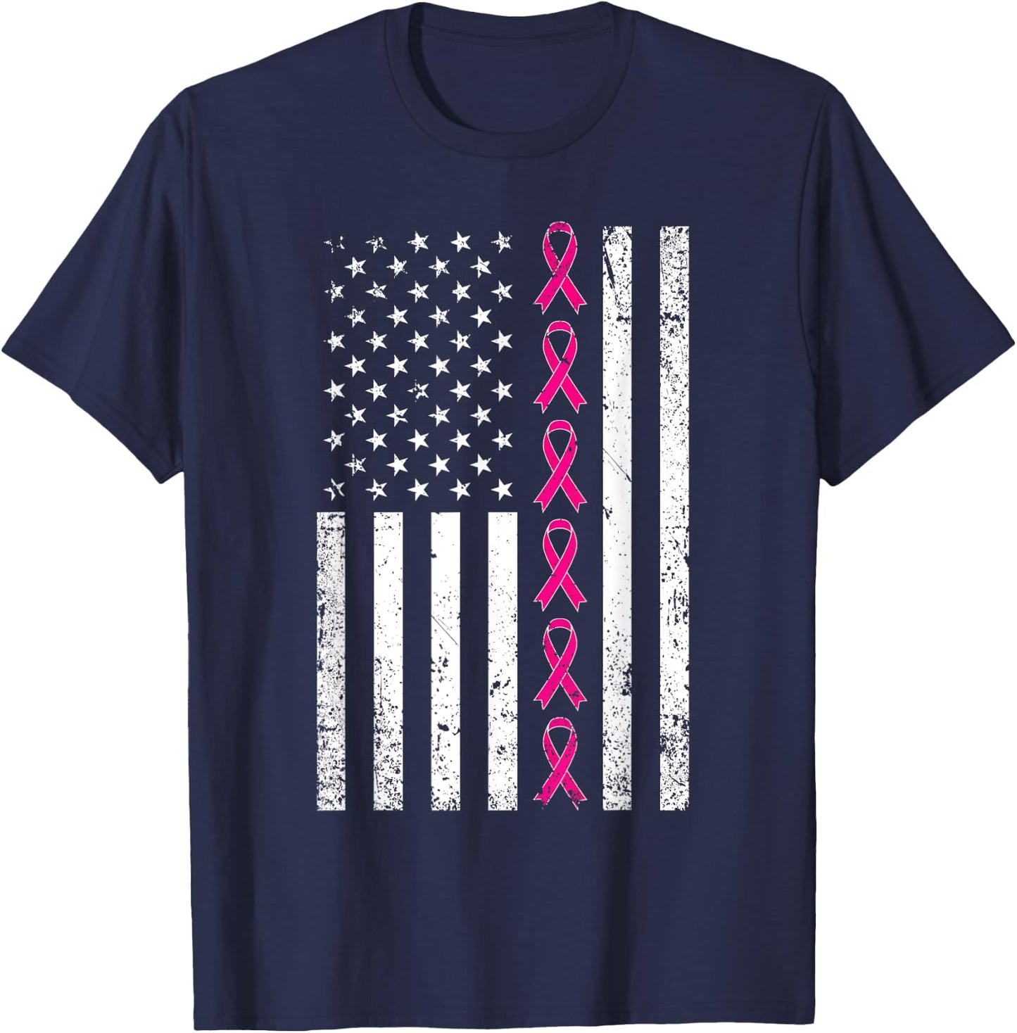 Breast Cancer Shirt Women Men USA Flag Pink Ribbon T-Shirt - T-Shirt | Navy