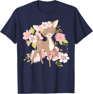 Adorable Floral Woodland Deer Harmony Cute Deer with Flowers and Blossoms - Black - - Kids - Short Sleeve - Modern - Animal Theme - All Seasons T-Shirt - T-Shirt | Navy