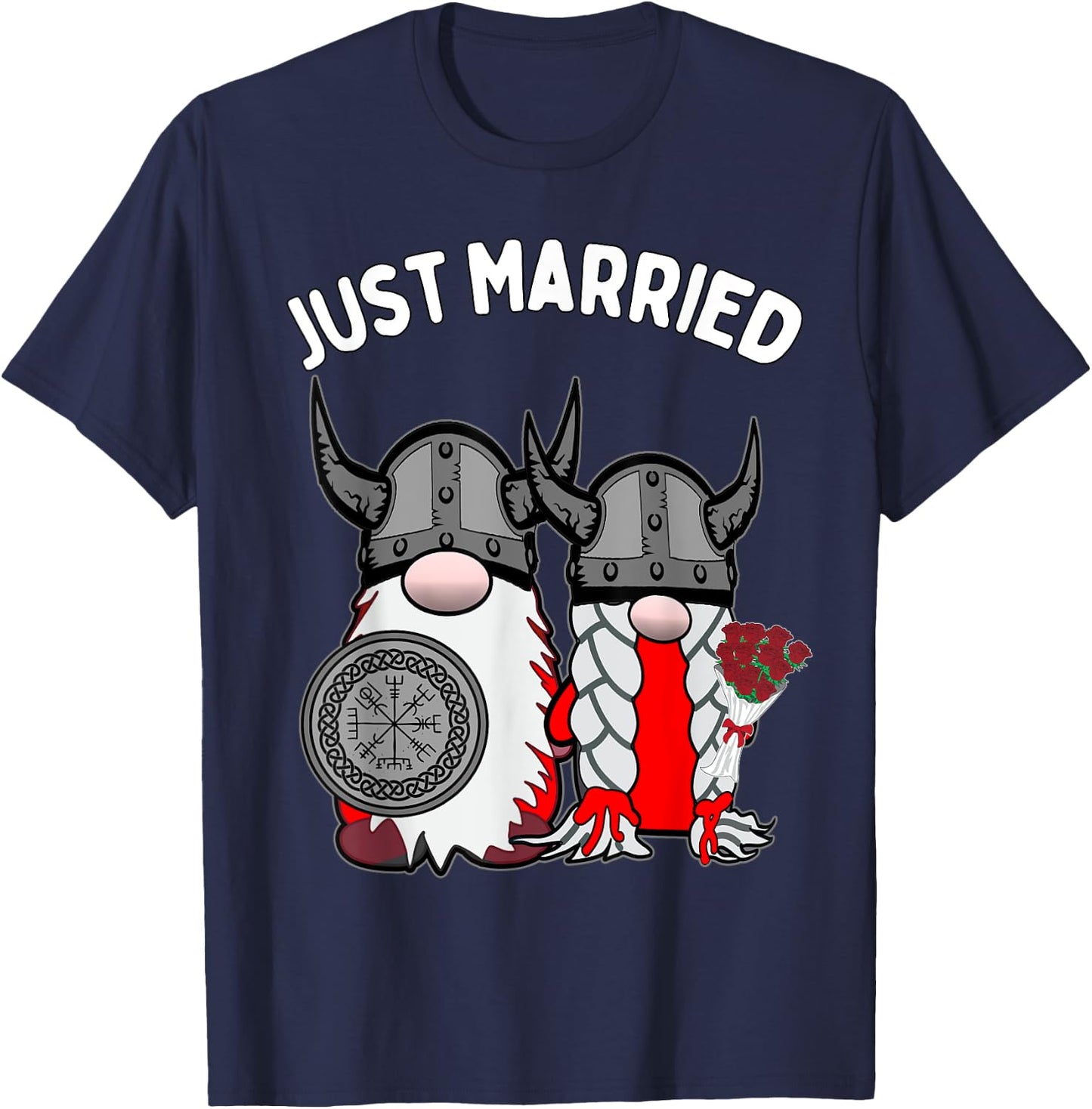 Just Married Nordic Gnome Viking Tomte Couple Wedding T-Shirt - T-Shirt | Navy