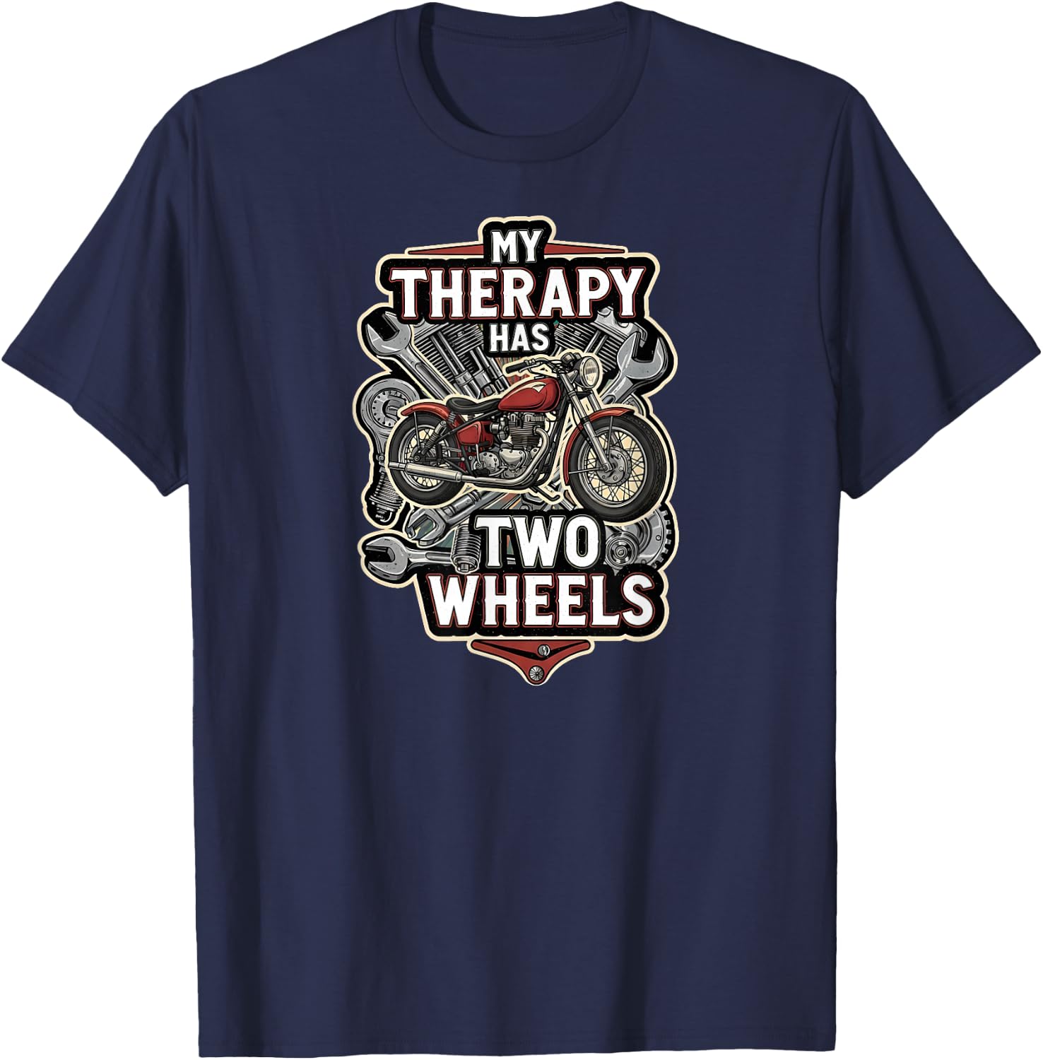 Motorcycle Rider Therapy Two Wheels Vintage Bike T-Shirt - T-Shirt | Navy