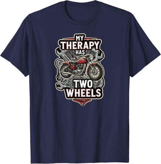 Motorcycle Rider Therapy Two Wheels Vintage Bike T-Shirt - T-Shirt | Navy