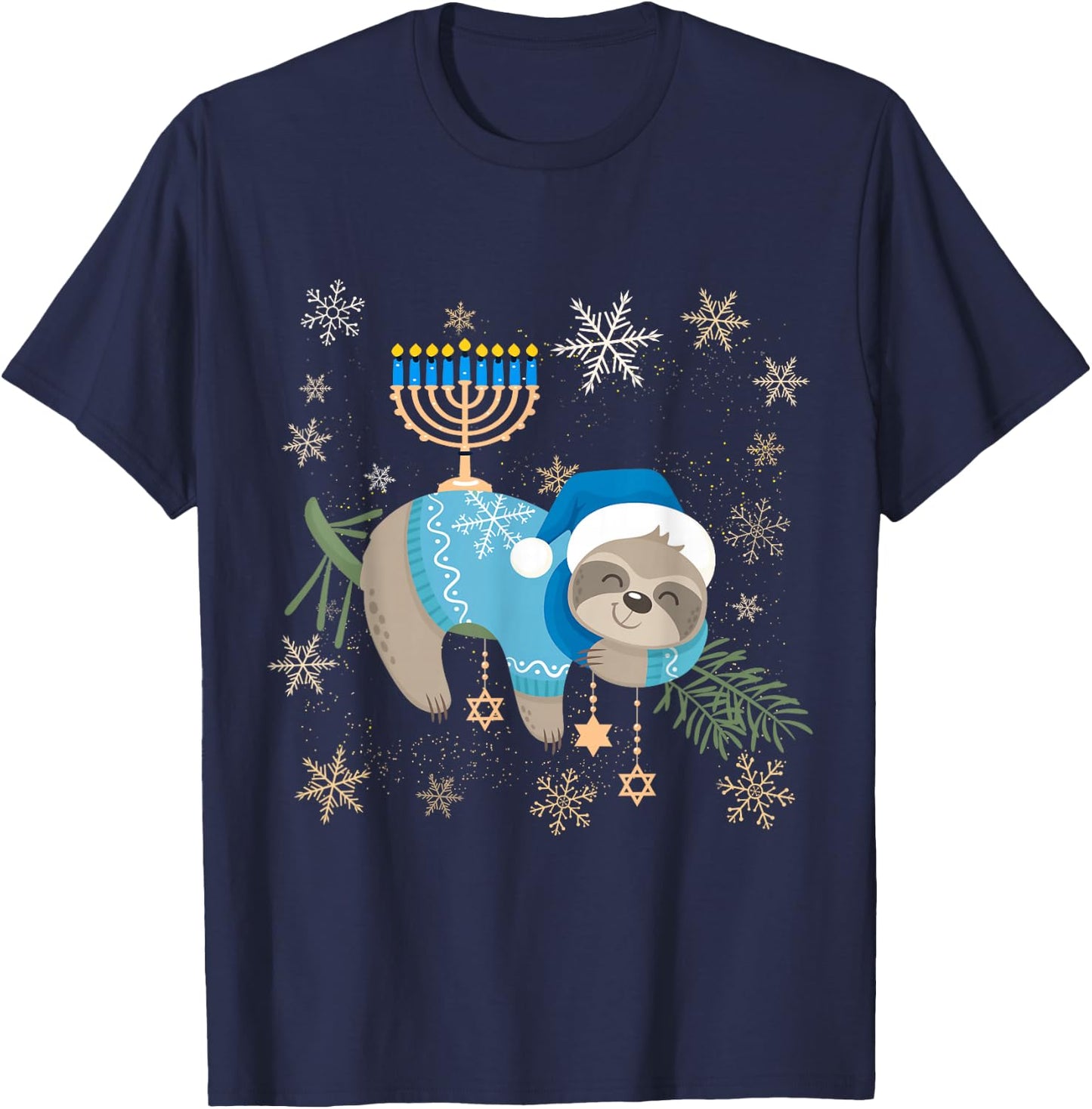 Funny Hanukkah Sloth Jewish Chanukah Sleeping Men Women Kids T-Shirt - T-Shirt | Navy